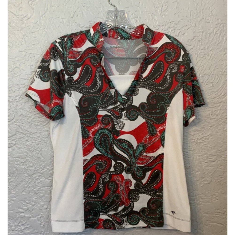 Golf America Women's Red Green Gray Paisley Whit moisture wick collar Golf Shirt